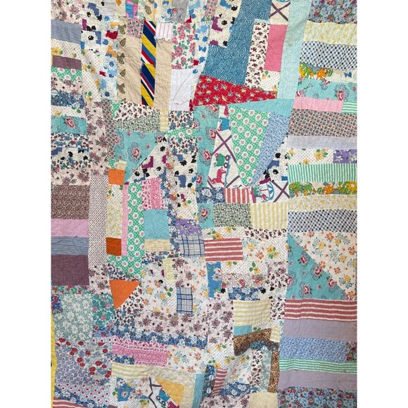 Vintage1930s Strip Scrappy Patchwork Flower Pot 2-Sided Quilt 82 x 50 Sweet - Picture 1 of 11